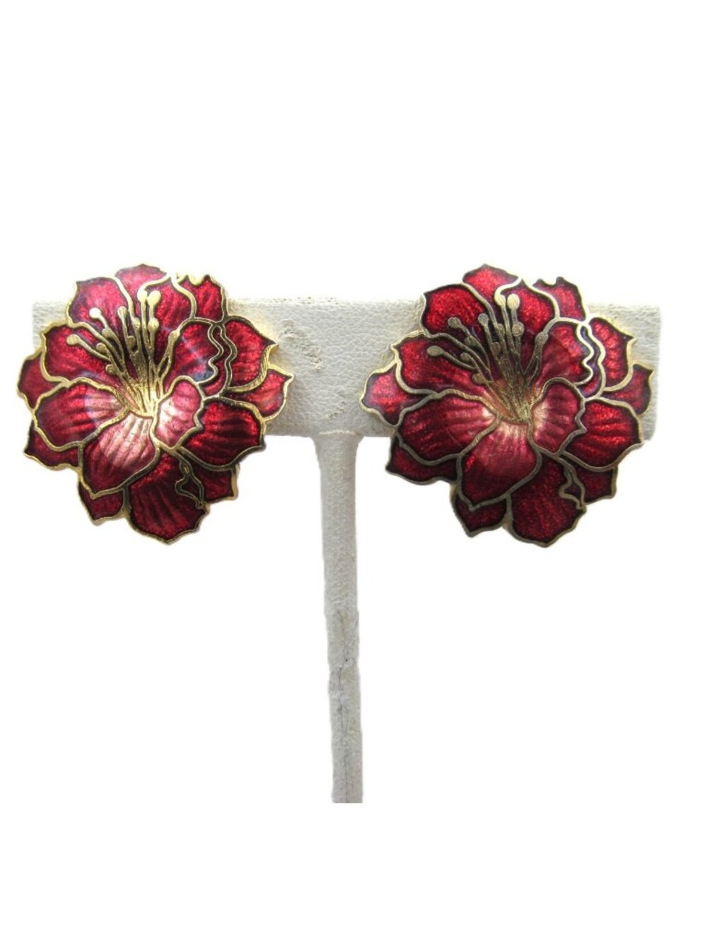 Vintage Burgundy Enameled Cloisonne Iris Flower Clip On Earrings Gold Tone Metal